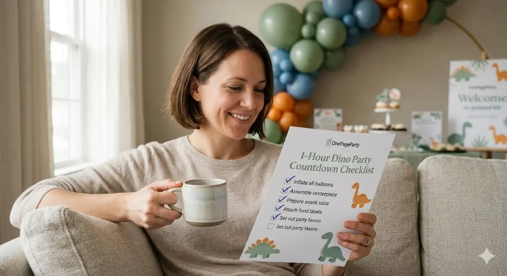 Parent relaxing on the couch with the Dino party checklist